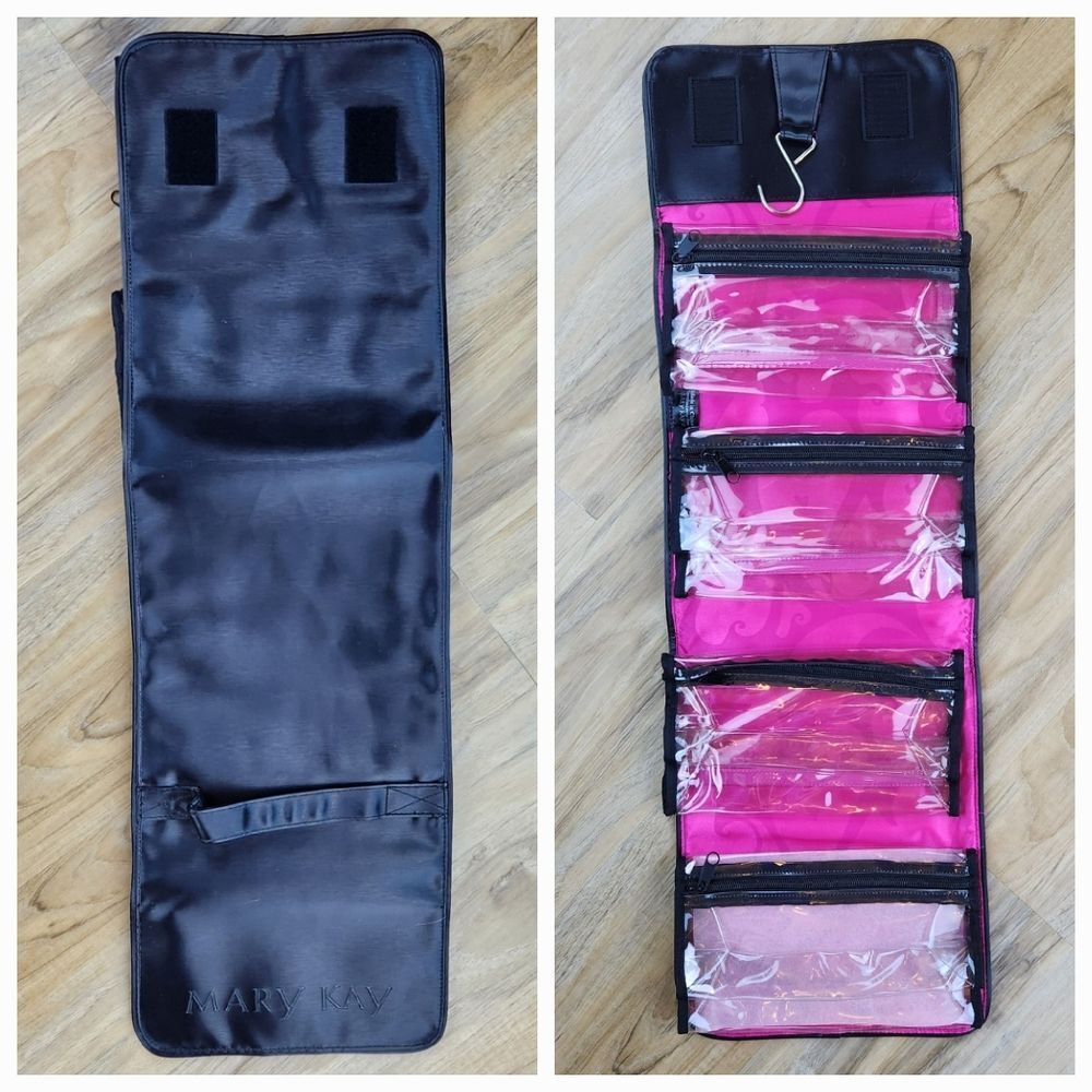 💜NWOT Mary Kay Black & Hot Pink Roll Up Toiletry/Make-up Travel Bag